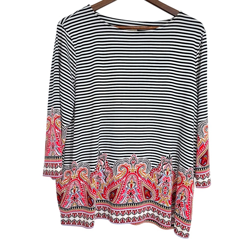 Chico's RED‎ Travelers Womens Top 3/4 Sleeve Black Stripped with Pink Paisley 2